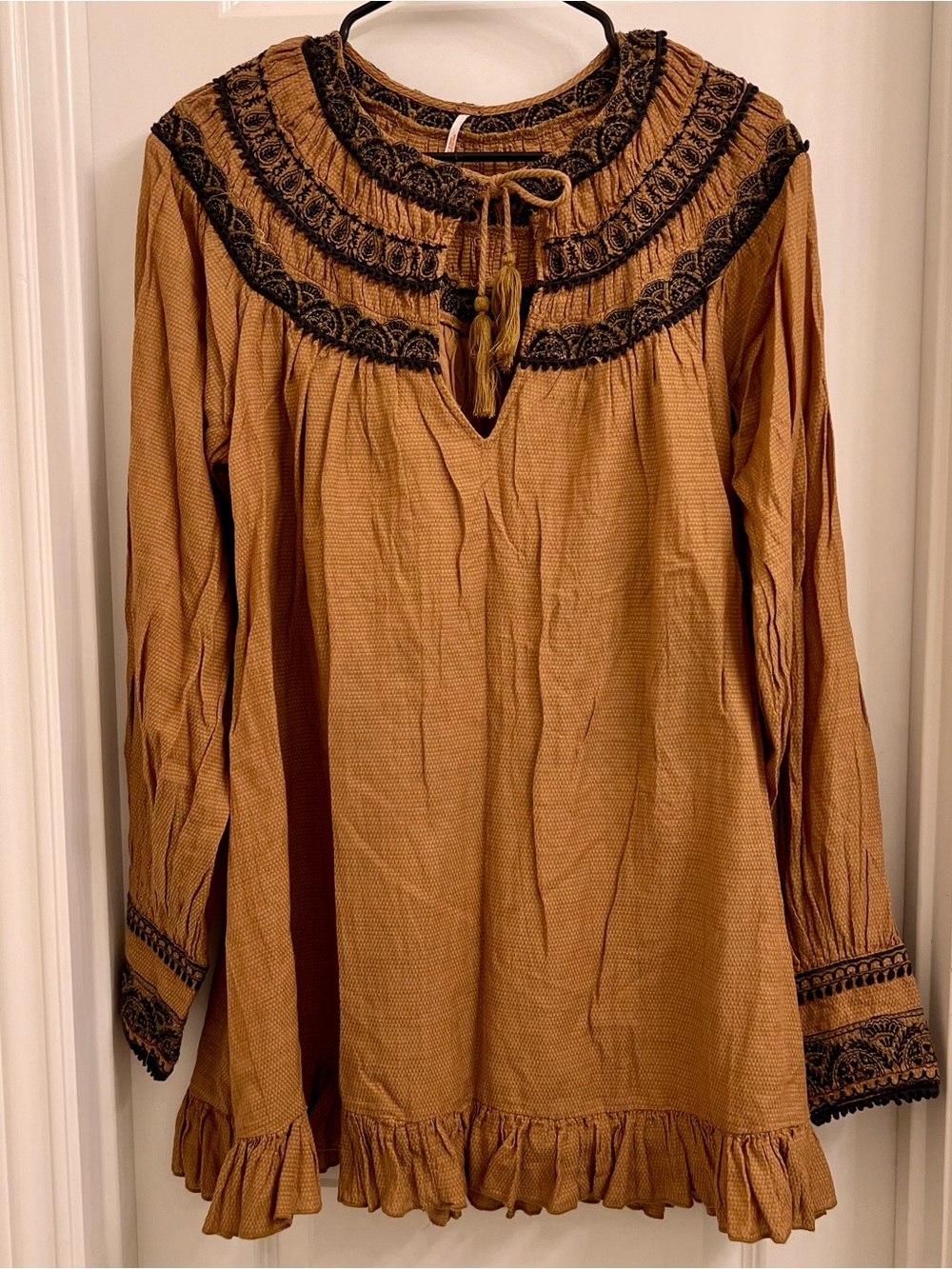 Free People Embroidered Long Sleeve Mini Dress Boho Tassel-Tie Ruffle Hem Small